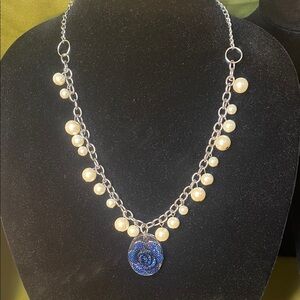 Hand 🖐️ Crafted Rescue Pearl Necklace with Blue Rose Pendant